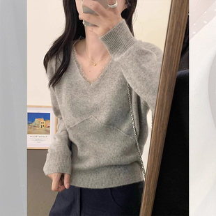 韩系灰色短款v领长袖针织衫女秋冬高级感修身毛衣打底衫气质上衣