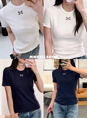 刺绣拼色短袖T恤女正肩款百搭夏
