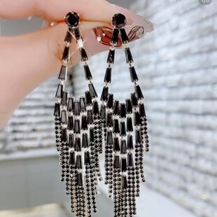 欧美时尚黑色锆石长款流苏耳环女气质高级感耳钉轻奢显脸瘦耳饰潮