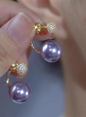 设计感前后戴紫色珍珠耳环独特气质镶钻925银针耳钉轻奢爆款耳饰