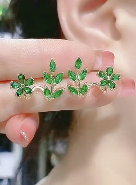 超仙小清新绿色叶子花朵耳环女