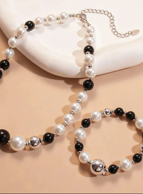 欧美时尚不规则撞色珍珠项链女