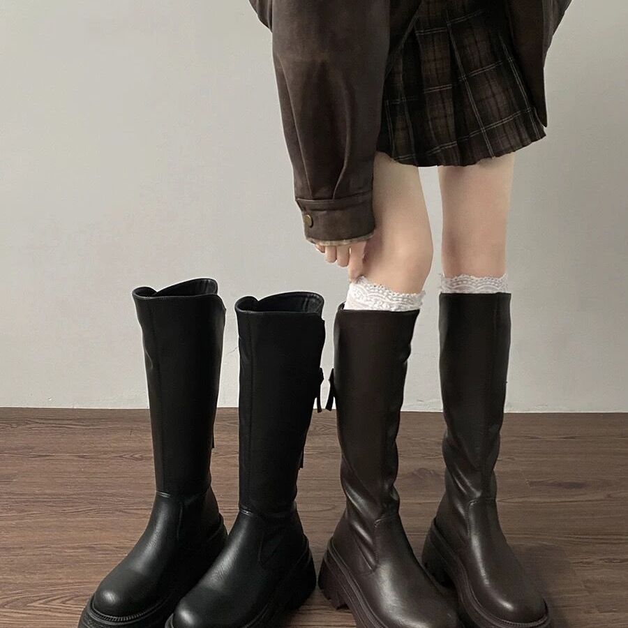 棕色小个子显瘦厚底靴子女长筒靴2025新款夏季美拉德风不过膝长靴