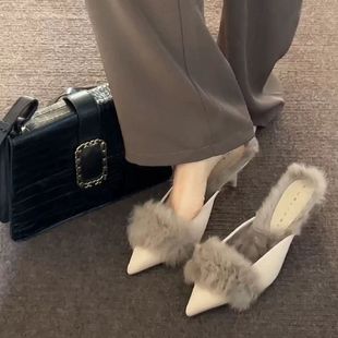 小众兔毛毛高跟鞋女冬天外穿细跟时尚加绒网红气质半包拖鞋女潮