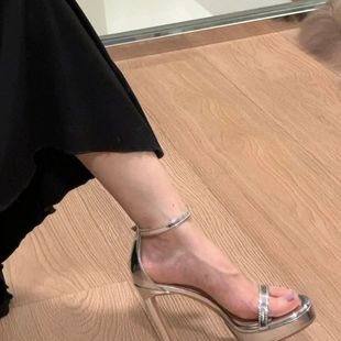 性感防水台露趾9CM超高跟鞋 新款 细跟 女2025年夏季 银色一字带凉鞋
