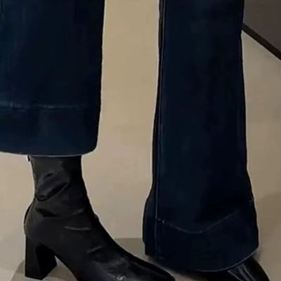 黑色法式高跟弹力瘦瘦靴女2025秋冬新款方头粗跟短靴女复古小踝靴