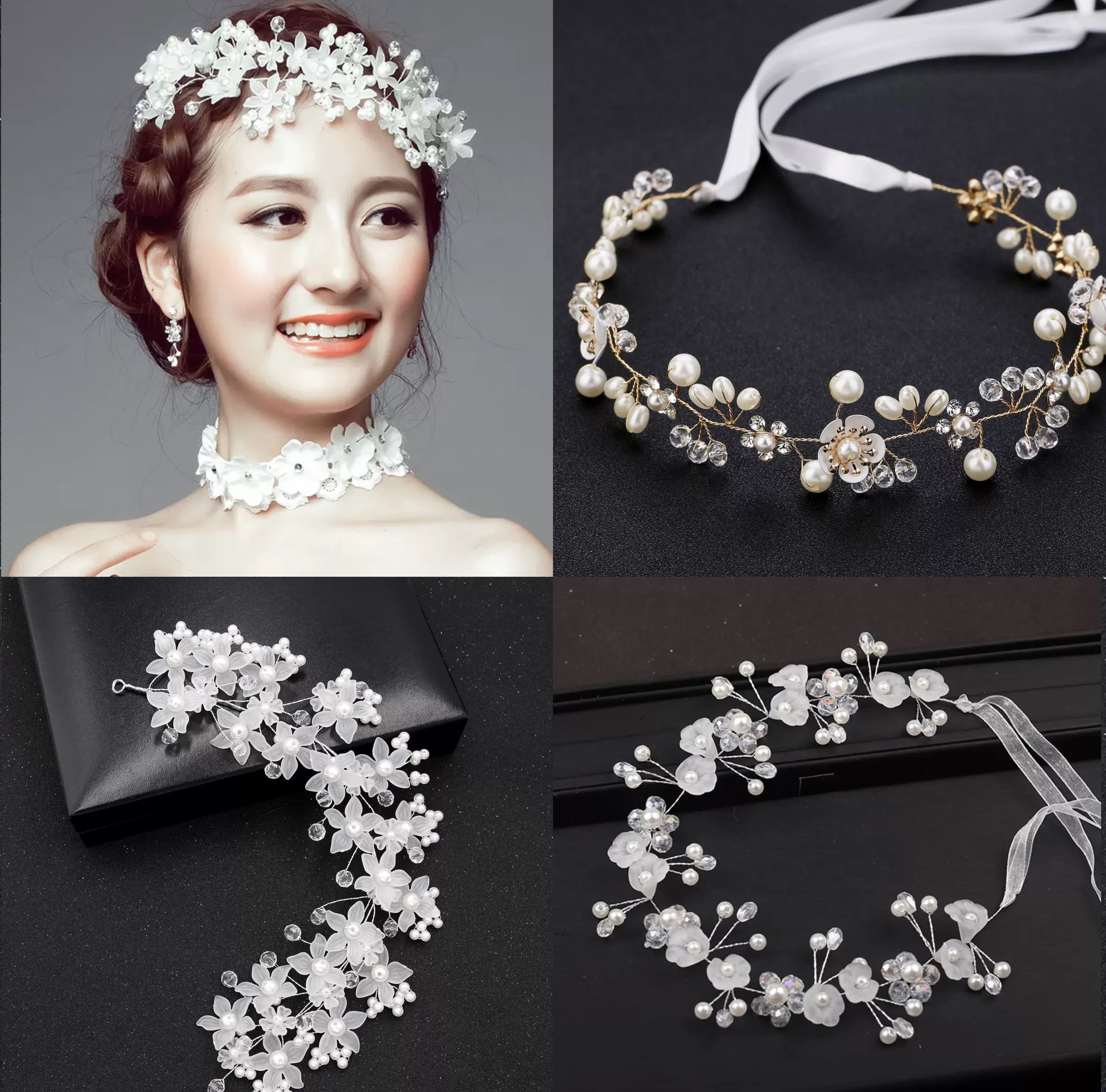 欧美新娘饰品唯美花朵手工串珠头带水晶珍珠发带婚纱女童头饰发饰