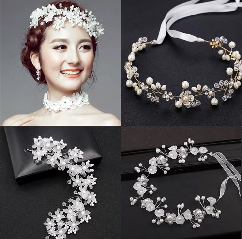 欧美新娘饰品唯美花朵手工串珠头带水晶珍珠发带婚纱女童头饰发饰