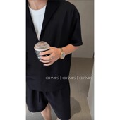 衬衫 穿搭垂感五分短裤 男士 加大码 休闲套装 假两件拼接黑色V领短袖