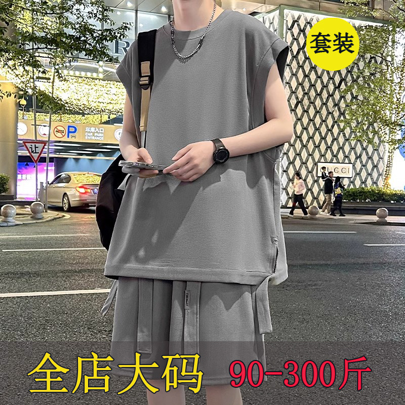 夏季无袖t恤胖男孩12-15岁初中学生背心短裤13青少年宽松运动套装