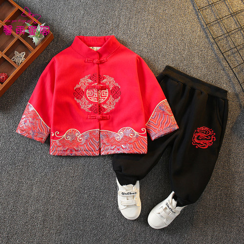 新中式男童拜年服加绒套装周岁服