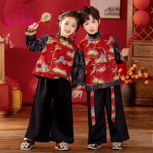 姐弟装秋冬汉服男童新中式加绒套装儿童元旦演出服国风宝宝拜年服
