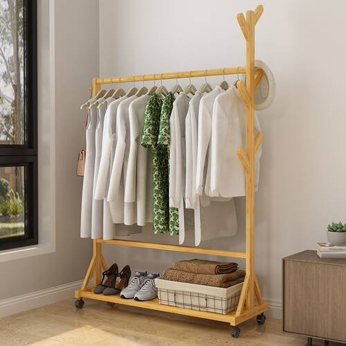 Solid wood coat and hat shelf floor household clothes hanger