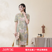 新中式 旗袍改良修身 女 小桥流水曼陀罗花扣短袖 布符2025年春秋新款