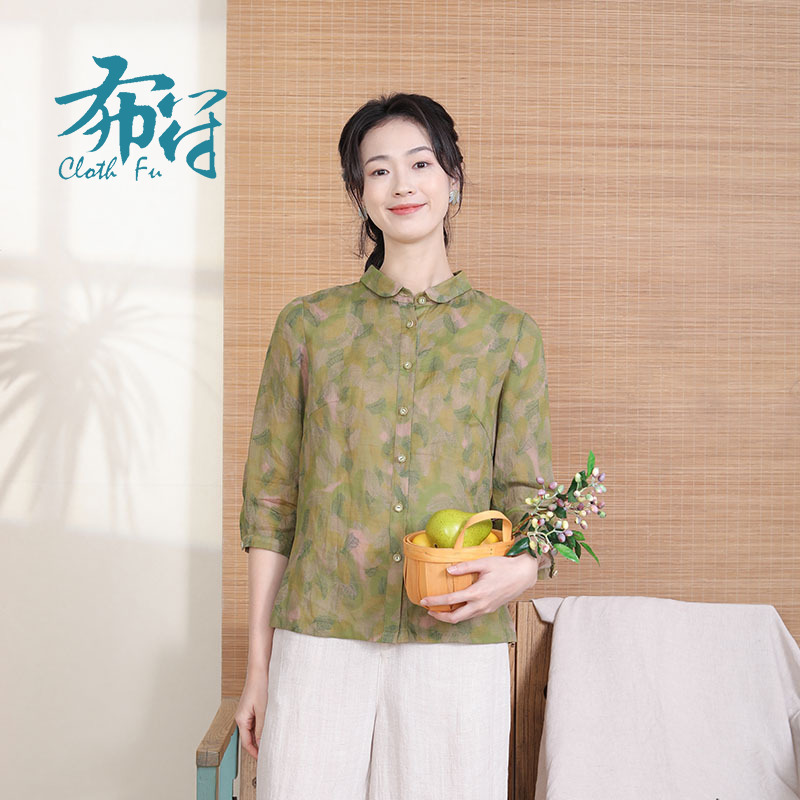 布符新款夏季衬衫气质小圆领休闲印花小衫时尚碎花上衣女装