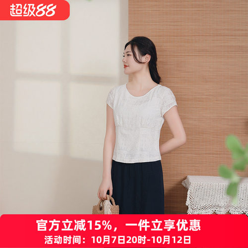 布符刺绣短袖T恤丝绵上衣