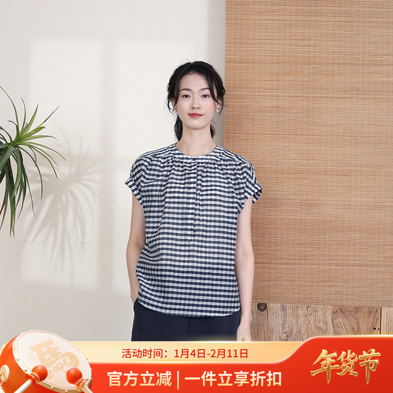 布符夏季新品蓝白格子法式上衣简约气质圆领时尚舒适女装