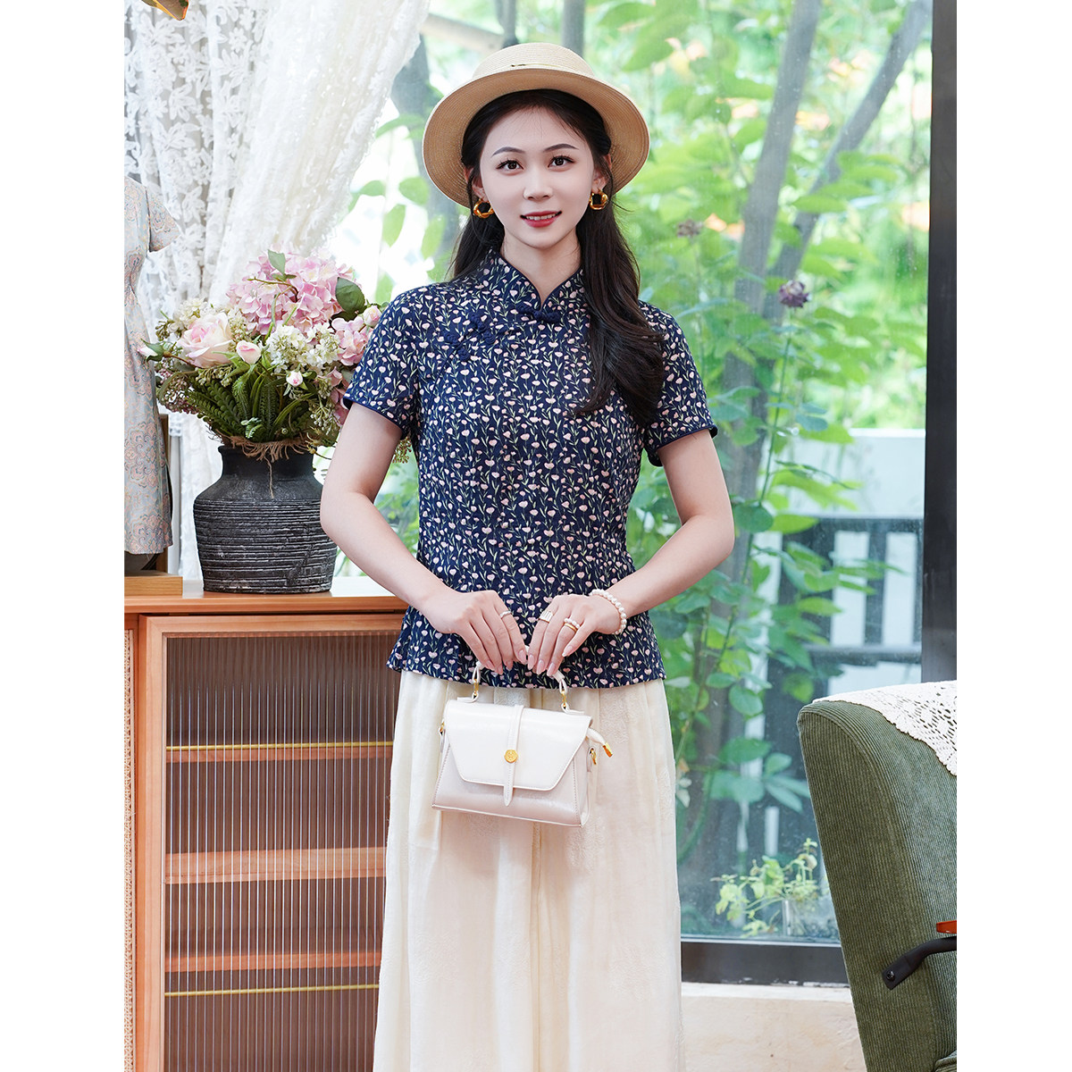 布符年夏季新品手工琵琶扣旗袍上衣复古立领出芽东方韵味女装