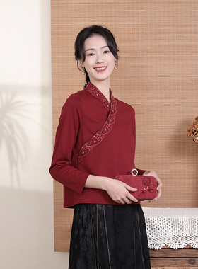 布符春秋刺绣上衣新款红色中式打底衫长袖针织T恤女士宽松