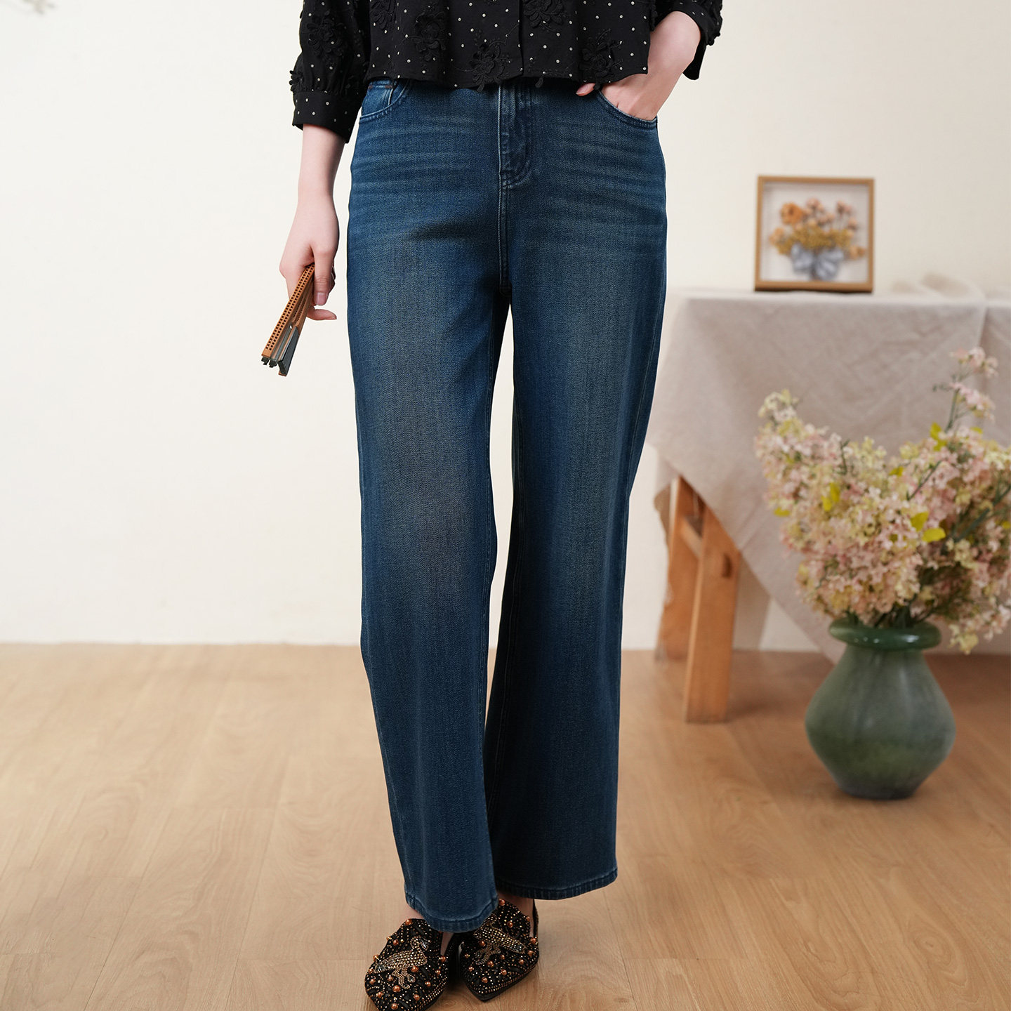 布符新中式「墨水蓝牛仔直筒裤」冬季新品复古简约休闲女裤