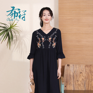 设计感显瘦女裙 绣花连衣裙重工刺绣黑色新中式 布符24夏季 新款