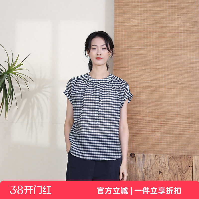 布符夏季新品蓝白格子法式上衣简约气质圆领时尚舒适女装