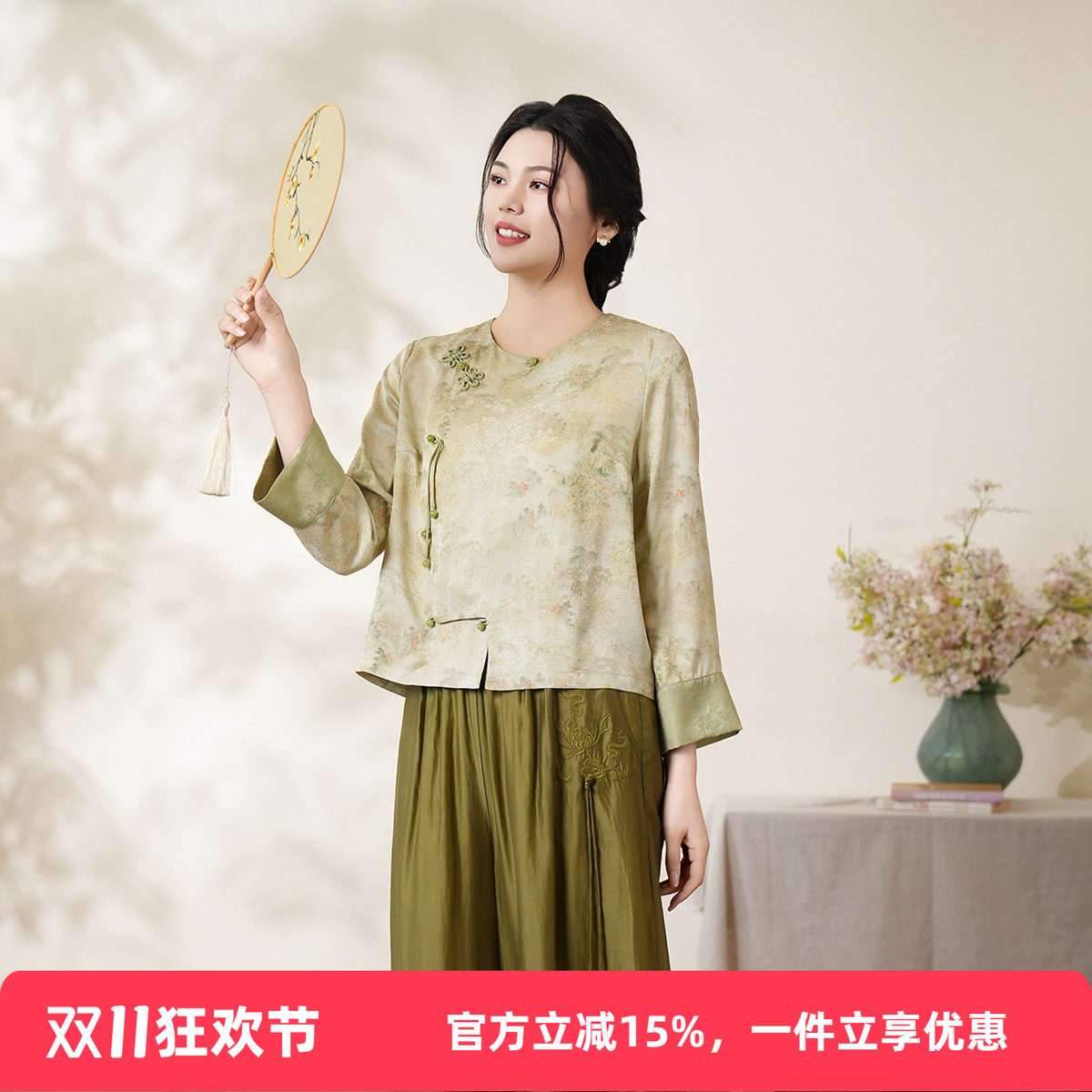 布符年夏季新款花罗拼色圆领上衣手工盘扣宽松长袖旗袍上衣