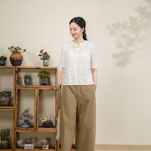 布符夏季开口领盘扣显瘦T恤女