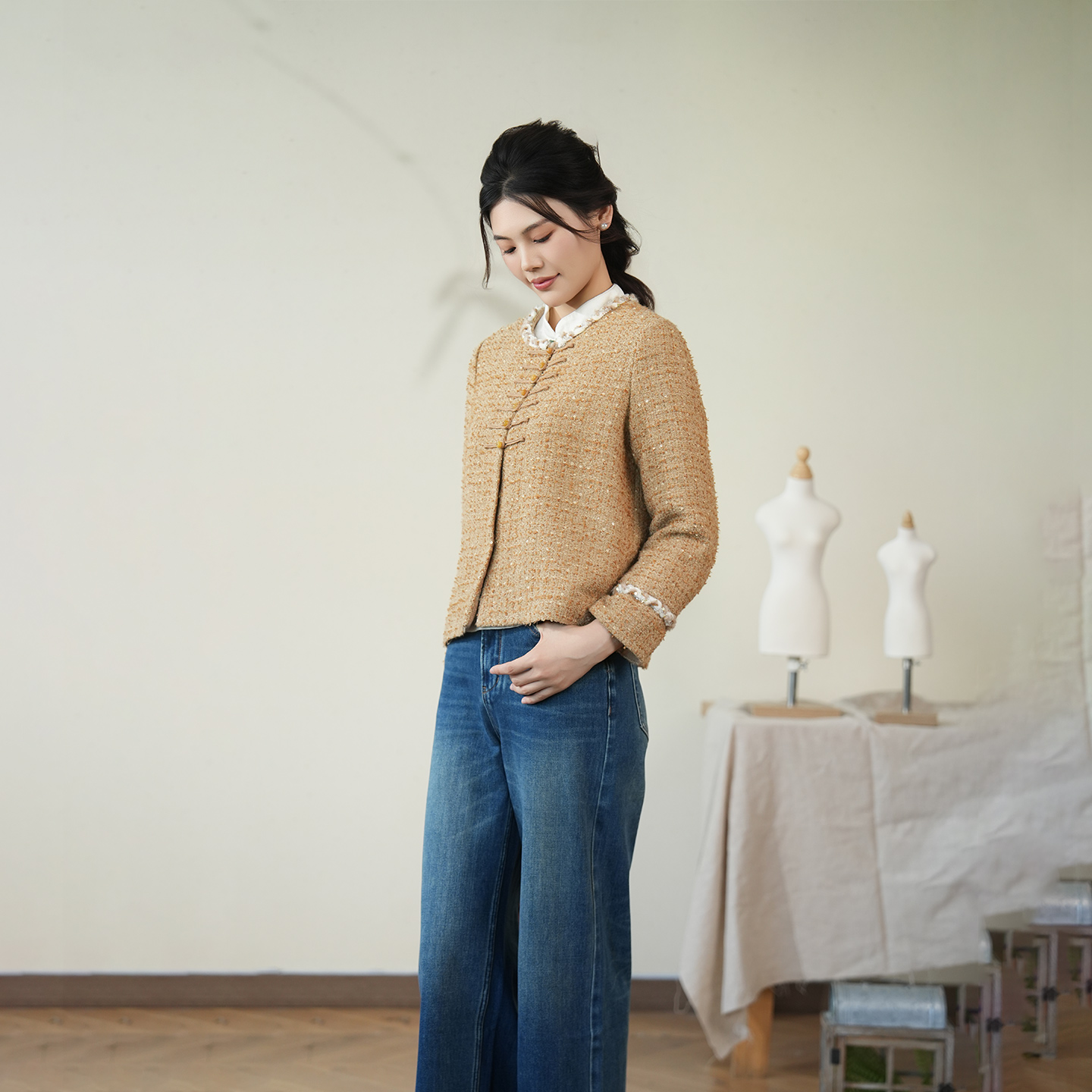 布符新中式「姜黄羊毛毛呢小香风附花边外套」2025年秋新品盘扣女