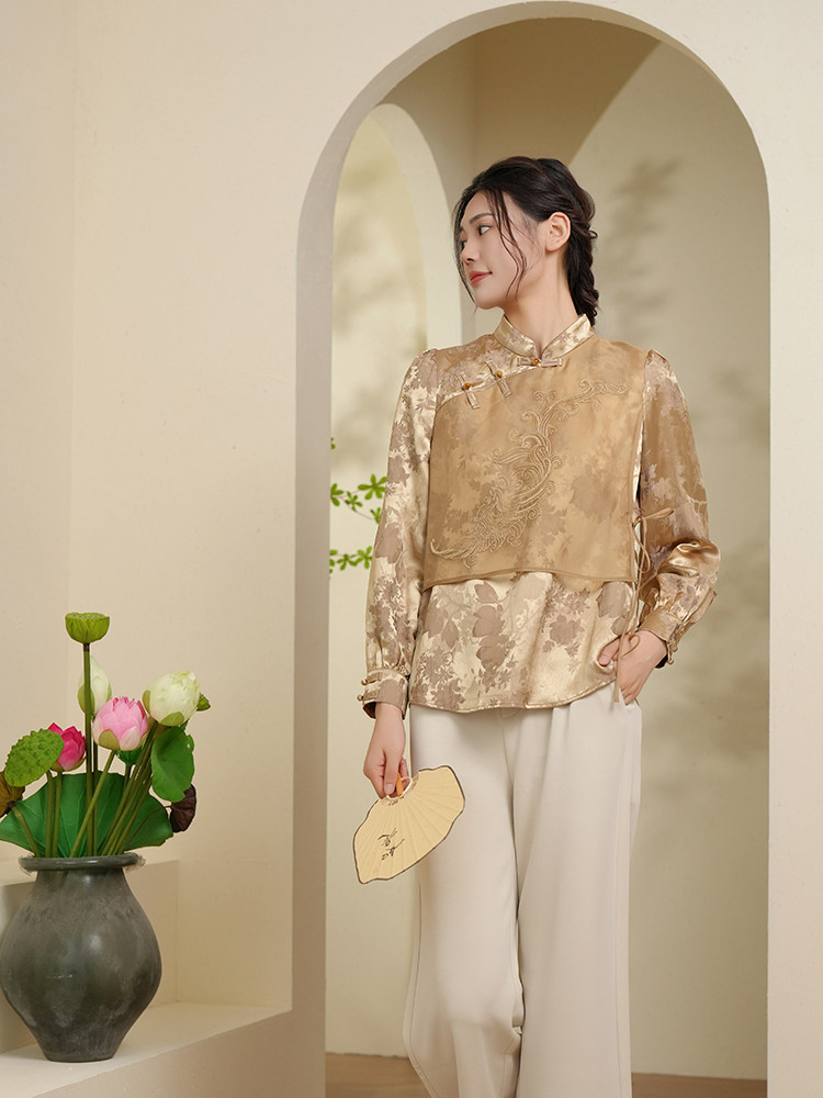 CLOTH FU AUTUMN 2024 NEW ARRIVALS NATIONAL STYLE YARN EMBROIDERED CHEONGSAM TOPS DAILY LONG SLEEVE CHINESE STYLE VERSATILE WOMENS WEAR