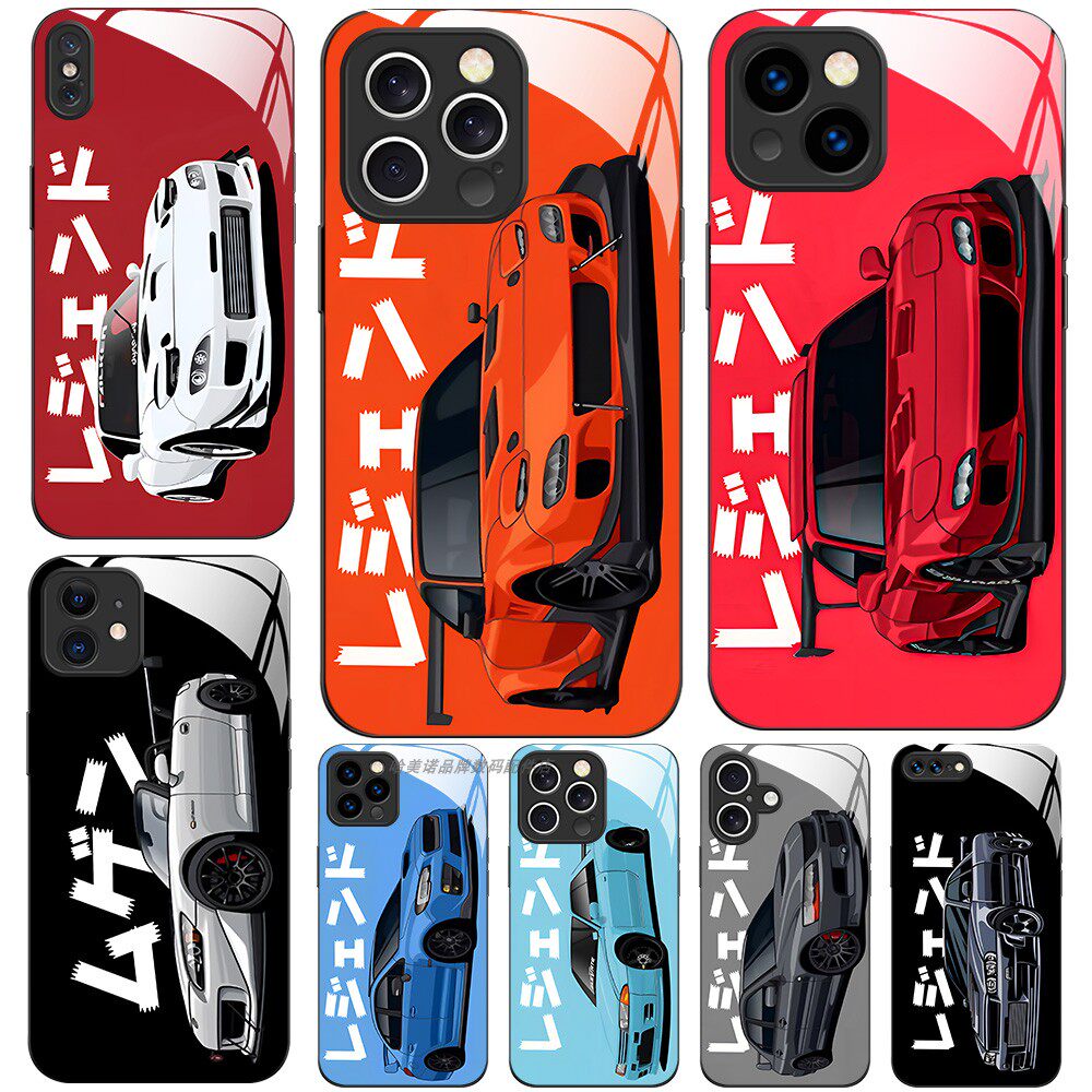 玻璃手机壳适用苹果iPhone 17 16 15 14 Pro Max 13 Pro XS XR X 12 11 JDM CAR运动跑赛车