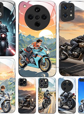 玻璃手机壳适用OPPO FINDX9 X8 PRO X7X6X5X3RENO15 14 13RPO12 11K12K11K10  摩托机车酷炫少年