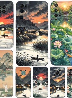 磨砂软手机壳适用荣耀400300200100506070 80GT 90 X706050X40X10X20X30Pro+2020S畅玩40Plus 国风山水画荷花