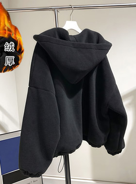 黑色宽松翻领仿羊羔毛外套女新款