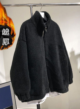 宽松黑色下摆抽绳绒面仿羊羔毛带帽拉链开衫外套女2025秋冬新款