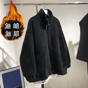 宽松黑色下摆抽绳绒面仿羊羔毛带帽拉链开衫 外套女2025秋冬新款
