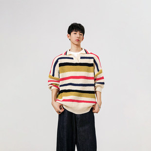 条纹针织衫男款2025春新款圆领毛衣开衫外套显瘦薄款复古上衣宽松