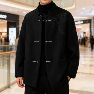 中国风短款毛呢大衣男冬季黑色立领刺绣飞机扣宽松高级感外套