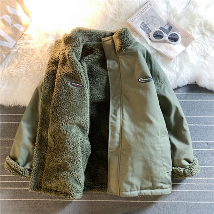 棉衣男棉服棉袄工装宽松大码仿羊羔毛加绒加厚两面穿外套潮牌冬季