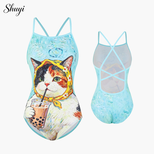 可爱猫咪印花女竞速三角连体泳衣