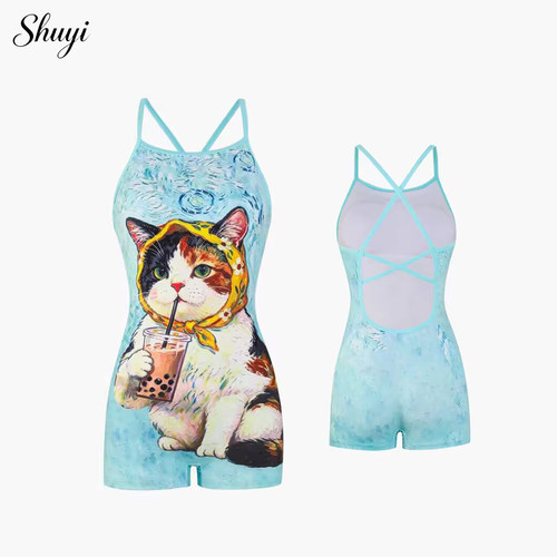 夏季猫咪印花遮肚显瘦连体泳衣