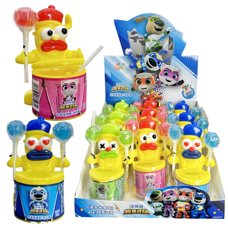 儿童新潮趣味糖玩搞怪小丑打鼓造型棒棒糖蘸果味酸酱小孩零食批发