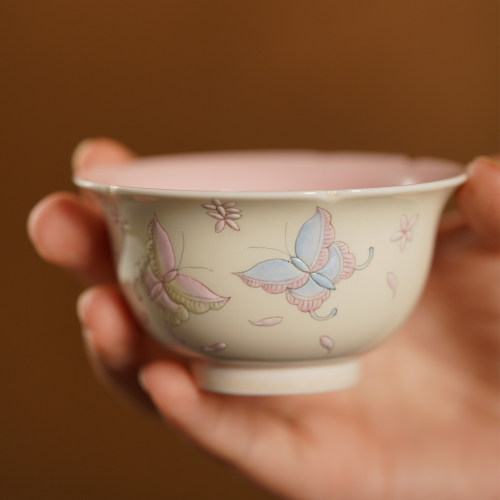 蝶恋花窑变花口杯手绘高颜值茶杯