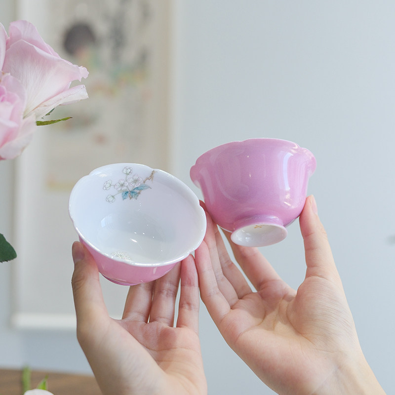 小谦山房胭脂红梨花花口杯景德镇陶瓷手工主人杯品茗单杯功夫茶具