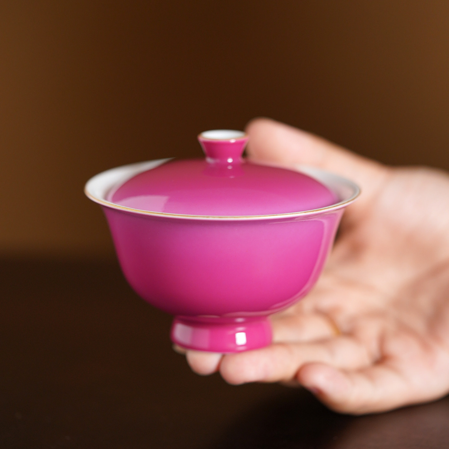 小谦山房胭脂红渐变盖碗景德镇陶瓷泡茶女士个人专用茶具中式家用