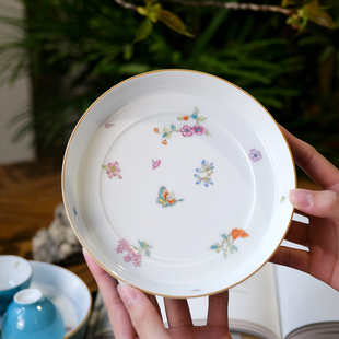 茶盘干泡台果盘茶台陶瓷茶具茶托茶道 小谦山房春来时粉彩壶承中式
