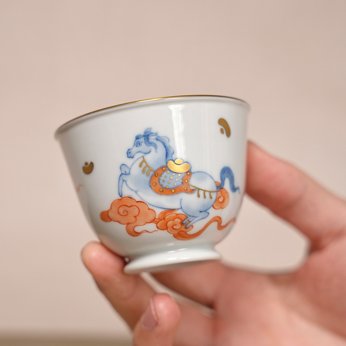 小谦山房青花描金马上来财莲子杯景德镇陶瓷茶杯主人杯茶具泡茶杯