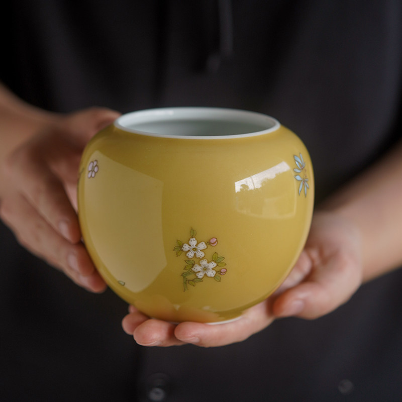 小谦山房娇黄花卉水盂水洗景德镇陶瓷茶壶茶洗缸家用建水功夫茶具