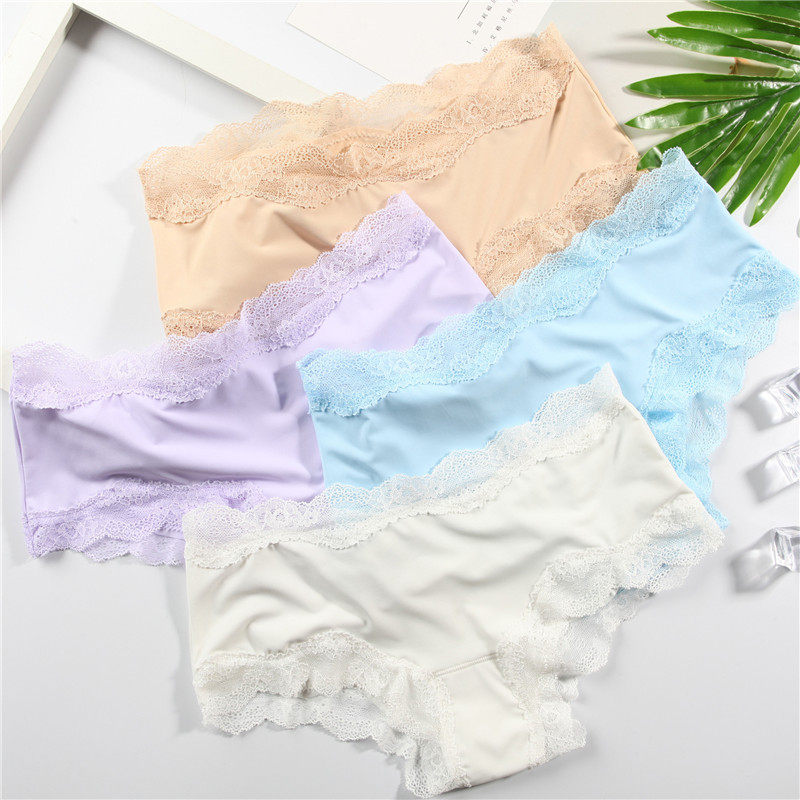 浪莎内裤女士冰丝4条薄款低腰冰丝无痕短裤衩纯棉裤裆蕾丝三角裤