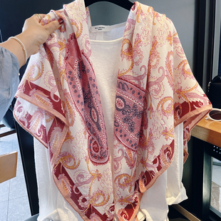 高级感手工边仿丝毛方巾女拼色粉腰果花围巾护颈防晒空调房薄披肩